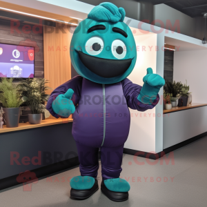 Teal Eggplant mascot costume character dressed with a Bomber Jacket and Gloves