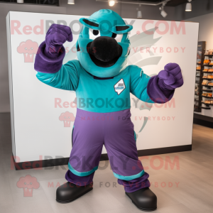 Teal Eggplant mascot costume character dressed with a Bomber Jacket and Gloves