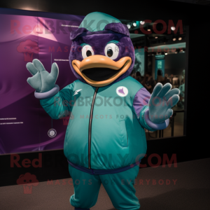 Teal Eggplant mascot costume character dressed with a Bomber Jacket and Gloves