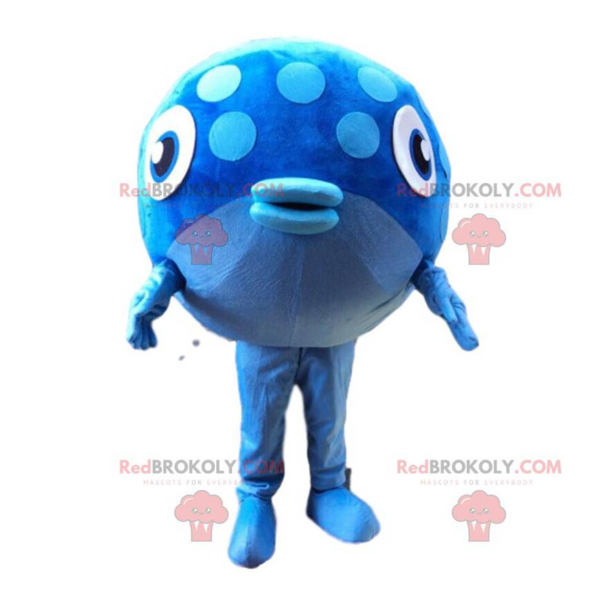 Mascote grande peixe azul muito divertido, fantasia de mar -