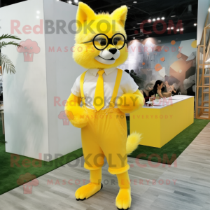 Lemon Yellow Fox mascot costume character dressed with a Pleated Skirt and Eyeglasses