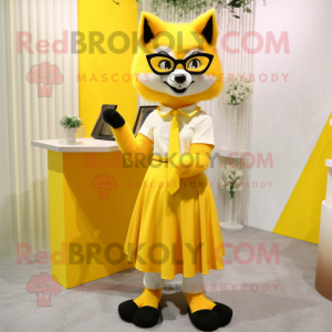 Lemon Yellow Fox mascot costume character dressed with a Pleated Skirt and Eyeglasses