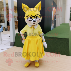 Lemon Yellow Fox mascot costume character dressed with a Pleated Skirt and Eyeglasses