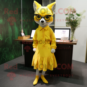 Lemon Yellow Fox mascot costume character dressed with a Pleated Skirt and Eyeglasses