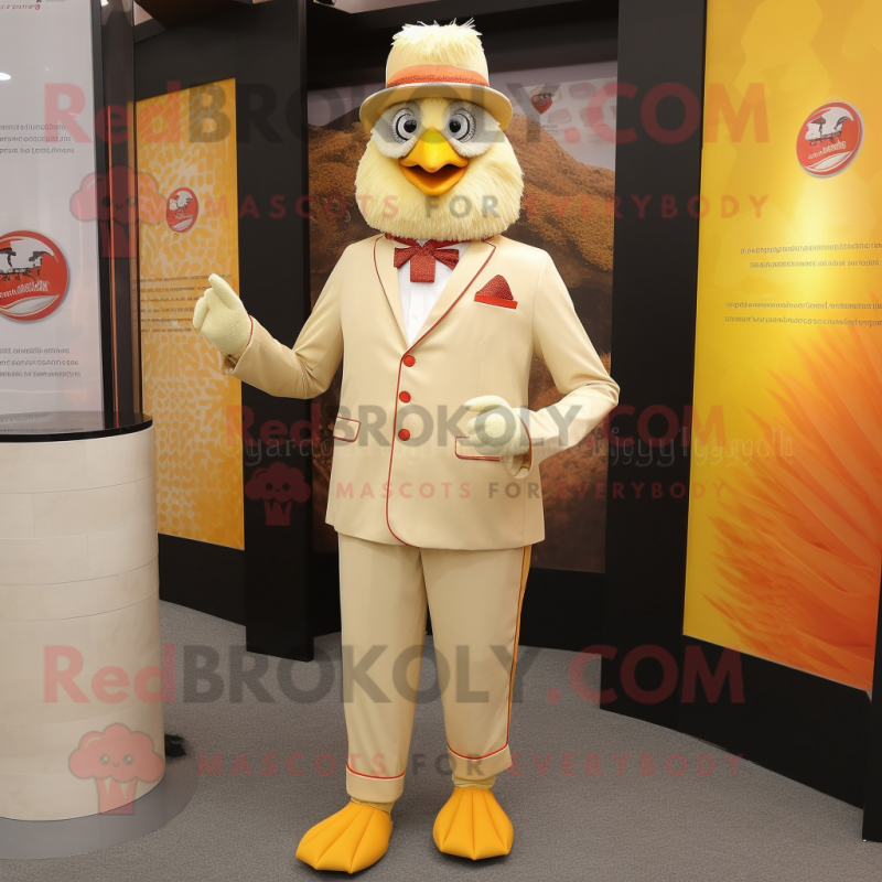 Beige Butter Chicken mascot costume character dressed with a Suit Pants and Hats Beige Butter Chicken mascot costume character dressed with a Suit Pants and Hats