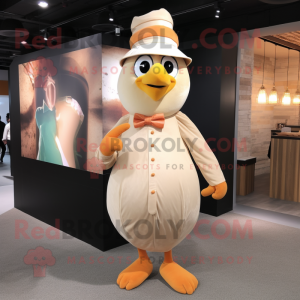 Beige Butter Chicken mascot costume character dressed with a Suit Pants and Hats