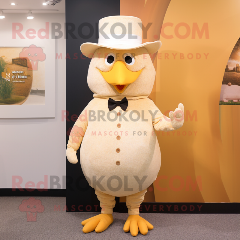 Beige Butter Chicken mascot costume character dressed with a Suit Pants and Hats Beige Butter Chicken mascot costume character dressed with a Suit Pants and Hats