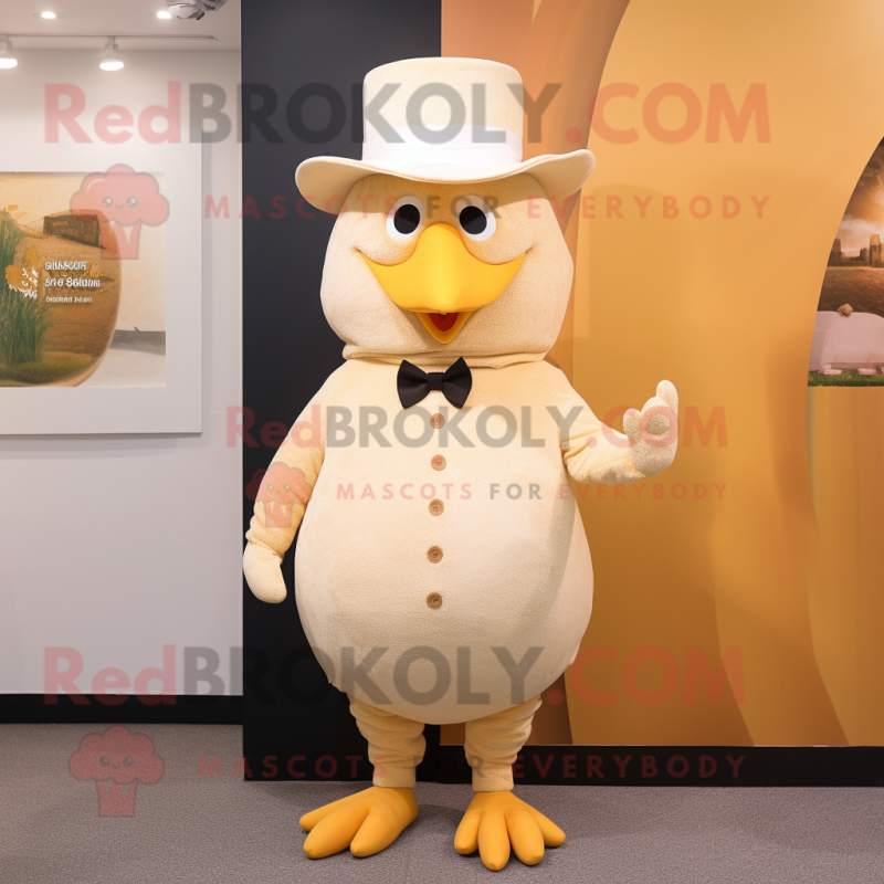 Beige Butter Chicken mascot costume character dressed with a Suit Pants and Hats