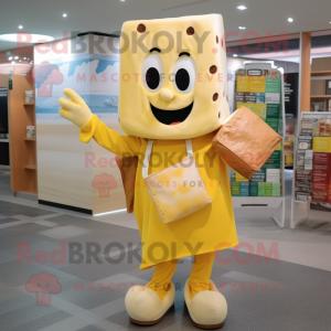 Yellow Lasagna mascot costume character dressed with a Trousers and Tote bags