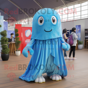 Sky Blue Jellyfish mascot costume character dressed with a Overalls and Scarves