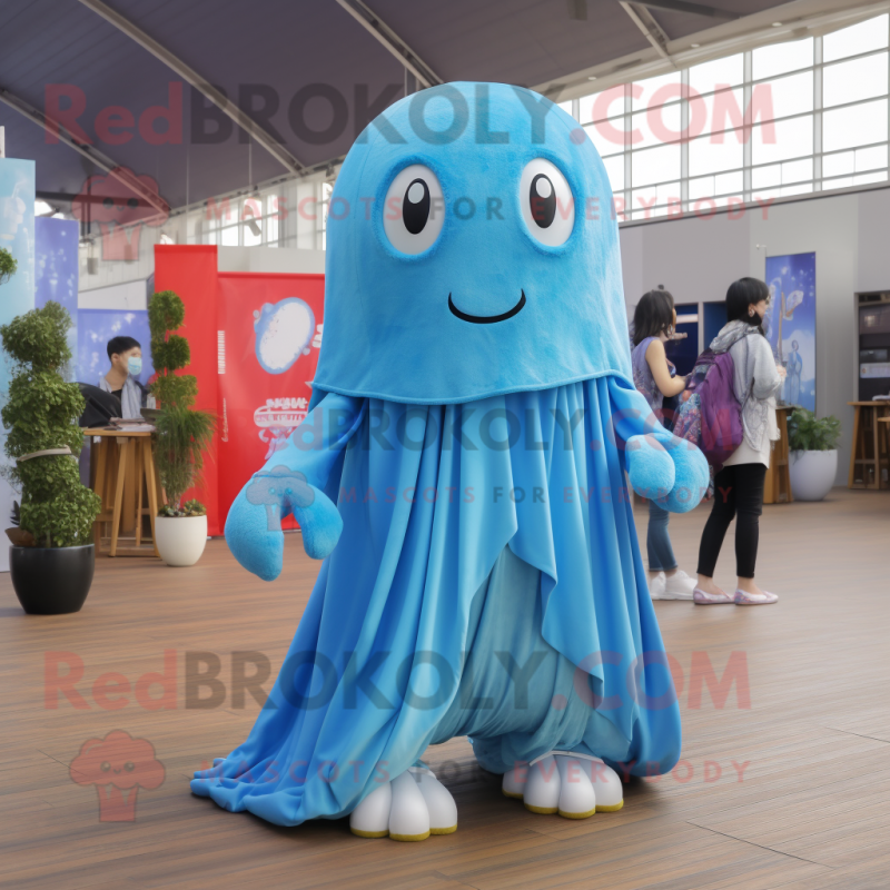 Sky Blue Jellyfish mascot costume character dressed with a Overalls and Scarves Sky Blue Jellyfish mascot costume character dressed with a Overalls and Scarves