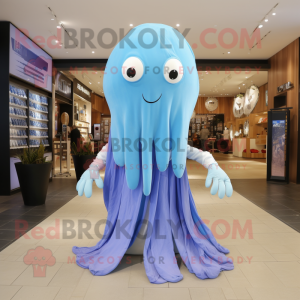 Sky Blue Jellyfish mascot costume character dressed with a Overalls and Scarves