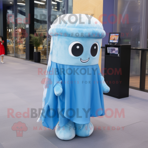 Sky Blue Jellyfish mascot costume character dressed with a Overalls and Scarves