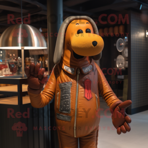 Rust Hot Dog mascot costume character dressed with a Leather Jacket and Necklaces