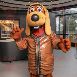 Rust Hot Dog mascot costume character dressed with a Leather Jacket and Necklaces