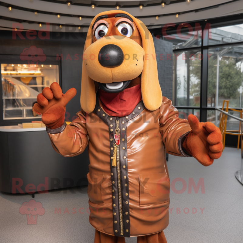 Rust Hot Dog mascot costume character dressed with a Leather Jacket and Necklaces Rust Hot Dog mascot costume character dressed with a Leather Jacket and Necklaces