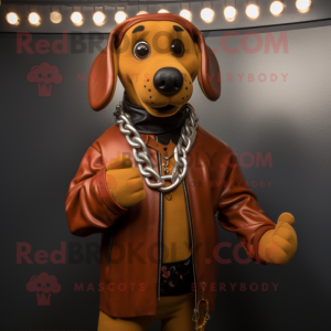 Rust Hot Dog mascot costume character dressed with a Leather Jacket and Necklaces