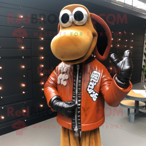 Rust Hot Dog mascot costume character dressed with a Leather Jacket and Necklaces