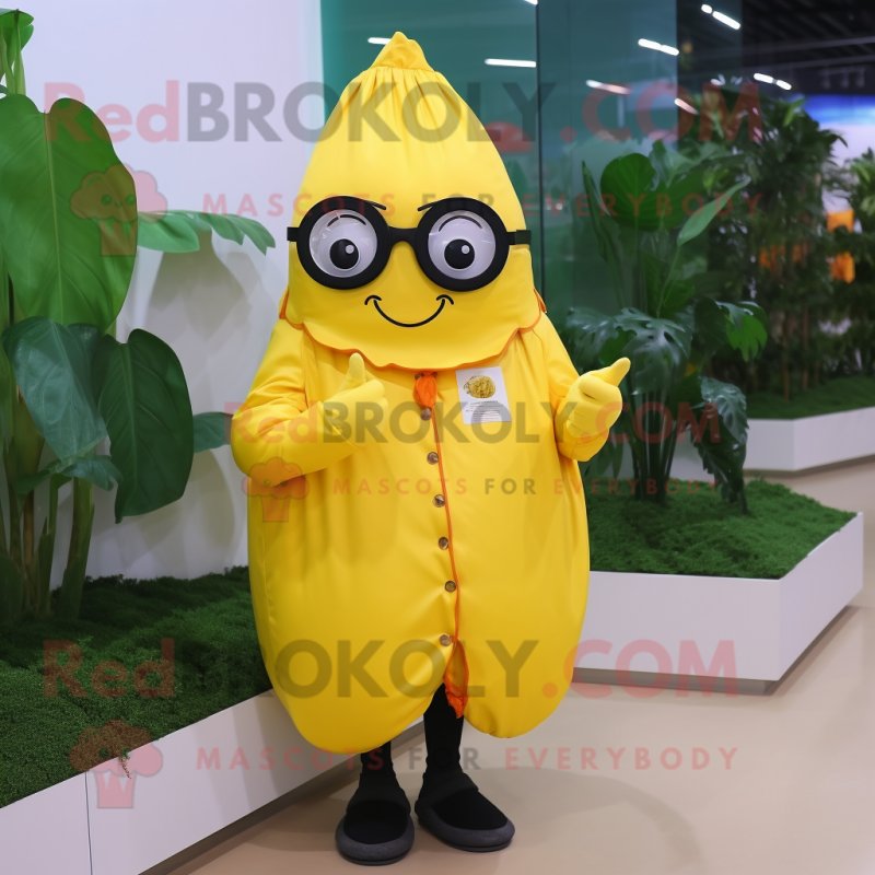 Yellow Beet mascot costume character dressed with a Raincoat and Eyeglasses