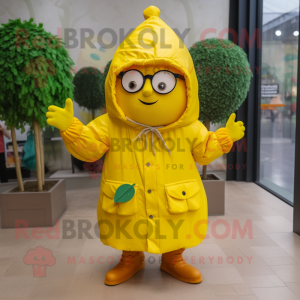 Yellow Beet mascot costume character dressed with a Raincoat and Eyeglasses