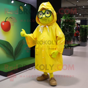 Yellow Beet mascot costume character dressed with a Raincoat and Eyeglasses