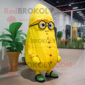 Yellow Beet mascot costume character dressed with a Raincoat and Eyeglasses