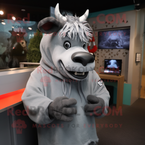 Gray Zebu mascot costume character dressed with a Hoodie and Hair clips