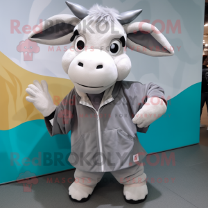Gray Zebu mascot costume character dressed with a Hoodie and Hair clips