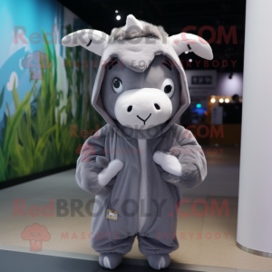 Gray Zebu mascot costume character dressed with a Hoodie and Hair clips