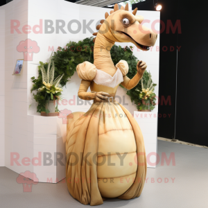 Beige Parasaurolophus mascot costume character dressed with a Ball Gown and Hairpins