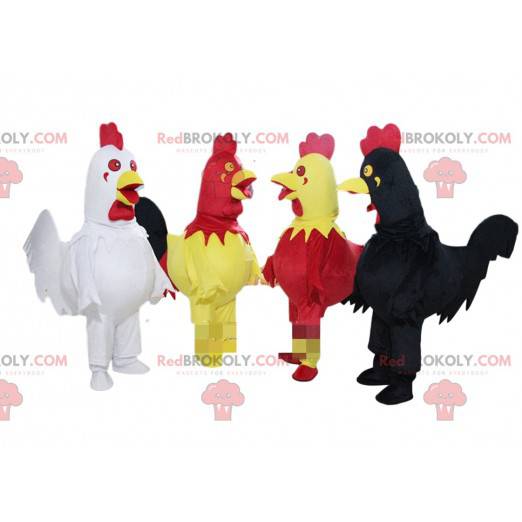 4 farverige hane maskotter, kylling maskotter - Redbrokoly.com
