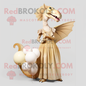 Beige Parasaurolophus mascot costume character dressed with a Ball Gown and Hairpins