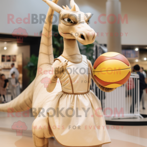 Beige Parasaurolophus mascot costume character dressed with a Ball Gown and Hairpins