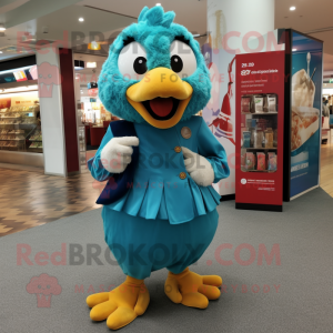 Teal Fried Chicken mascot costume character dressed with a Culottes and Coin purses
