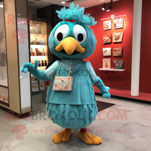 Teal Fried Chicken mascot costume character dressed with a Culottes and Coin purses