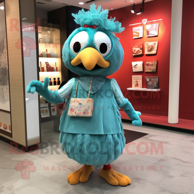 Teal Fried Chicken mascot costume character dressed with a Culottes and Coin purses Teal Fried Chicken mascot costume character dressed with a Culottes and Coin purses
