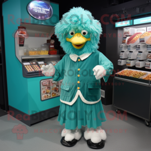 Teal Fried Chicken mascot costume character dressed with a Culottes and Coin purses