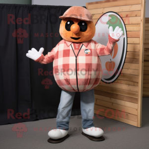 Peach Juggle mascot costume character dressed with a Flannel Shirt and Rings