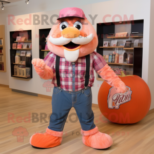 Peach Juggle mascot costume character dressed with a Flannel Shirt and Rings