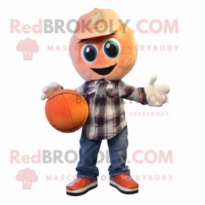 Peach Juggle mascot costume character dressed with a Flannel Shirt and Rings