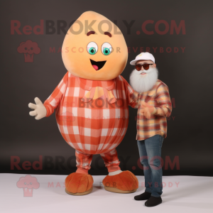 Peach Juggle mascot costume character dressed with a Flannel Shirt and Rings