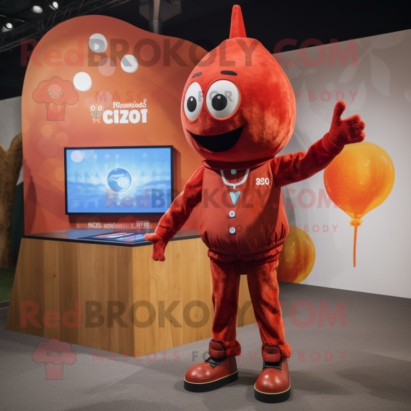 Rust Cherry mascot costume character dressed with a Playsuit and Digital watches Rust Cherry mascot costume character dressed with a Playsuit and Digital watches