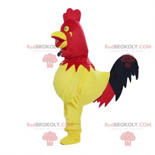 Mascotte de coq rouge et jaune, costume de la ferme -