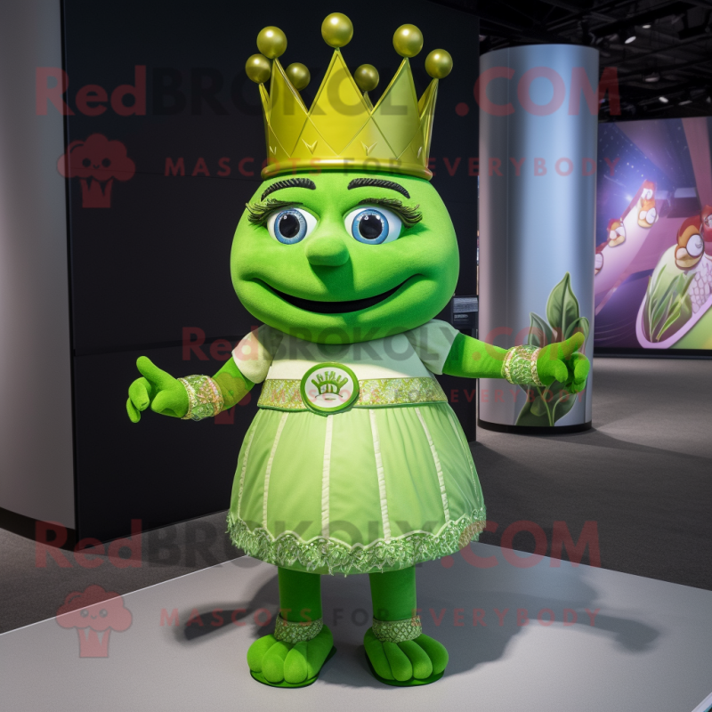 Lime Green Queen mascot costume character dressed with a Henley Tee and Rings