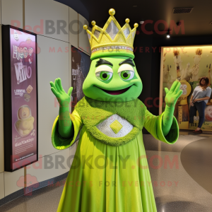 Lime Green Queen mascot costume character dressed with a Henley Tee and Rings
