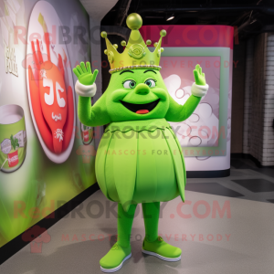 Lime Green Queen mascot costume character dressed with a Henley Tee and Rings