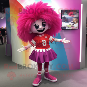 Magenta Juggle mascot costume character dressed with a Mini Skirt and Hair clips