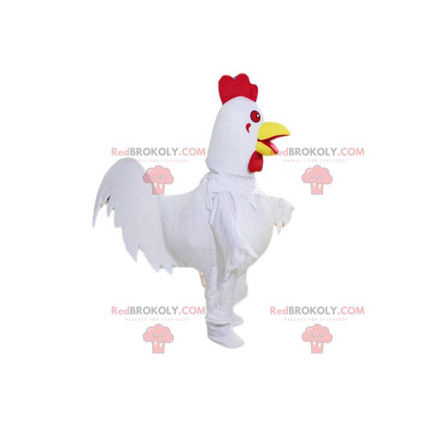 Mascota de gallo blanco, rojo y amarillo, disfraz de granja -