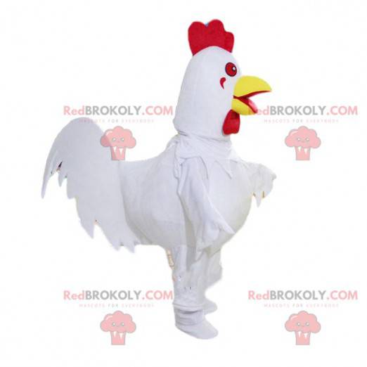 Mascota de gallo blanco, rojo y amarillo, disfraz de granja -