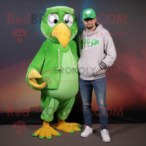 Lime Green Bald Eagle mascot costume character dressed with a Boyfriend Jeans and Beanies